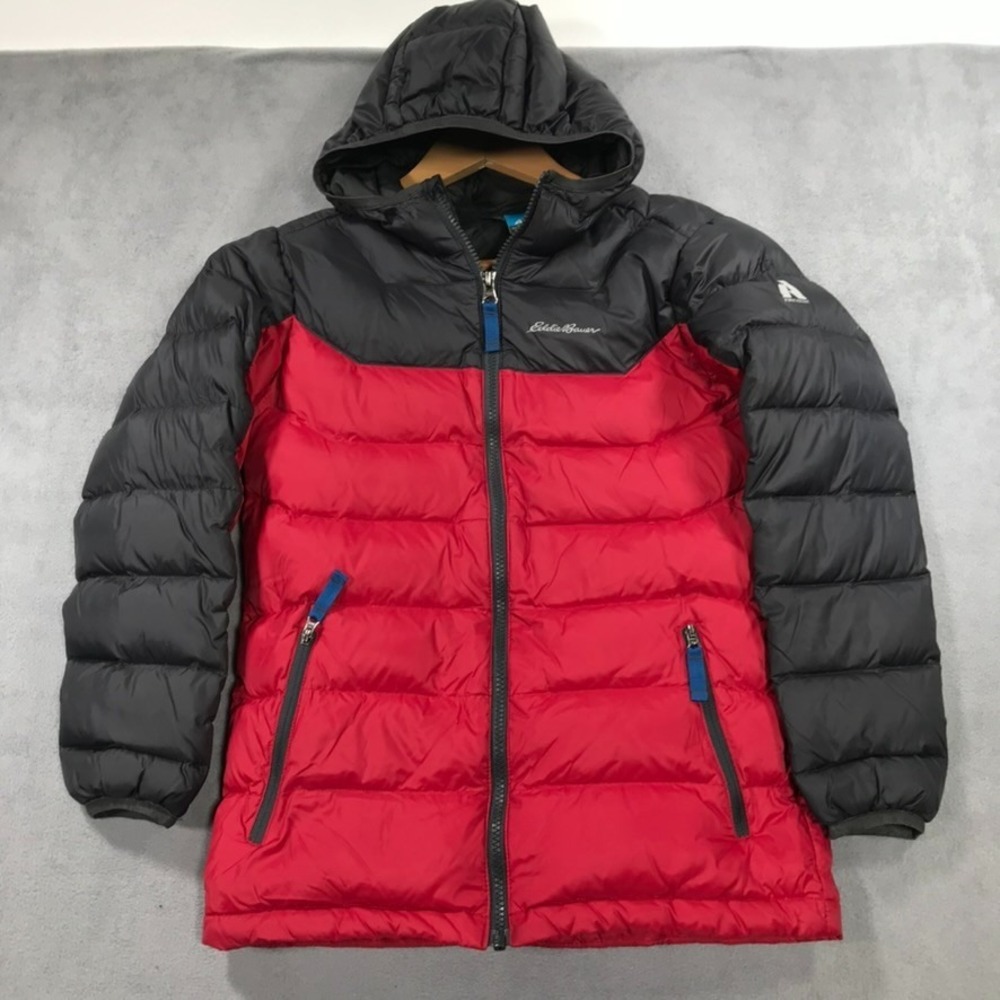 Eddie Bauer First Ascent Down Jacket Kids Boys Medium Red Black Hooded Zip Up *
